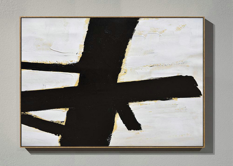 Modern Art Abstract Painting,Horizontal Palette Knife Minimal Canvas Art Painting Black White Beige - Contemporary Canvas Paintings